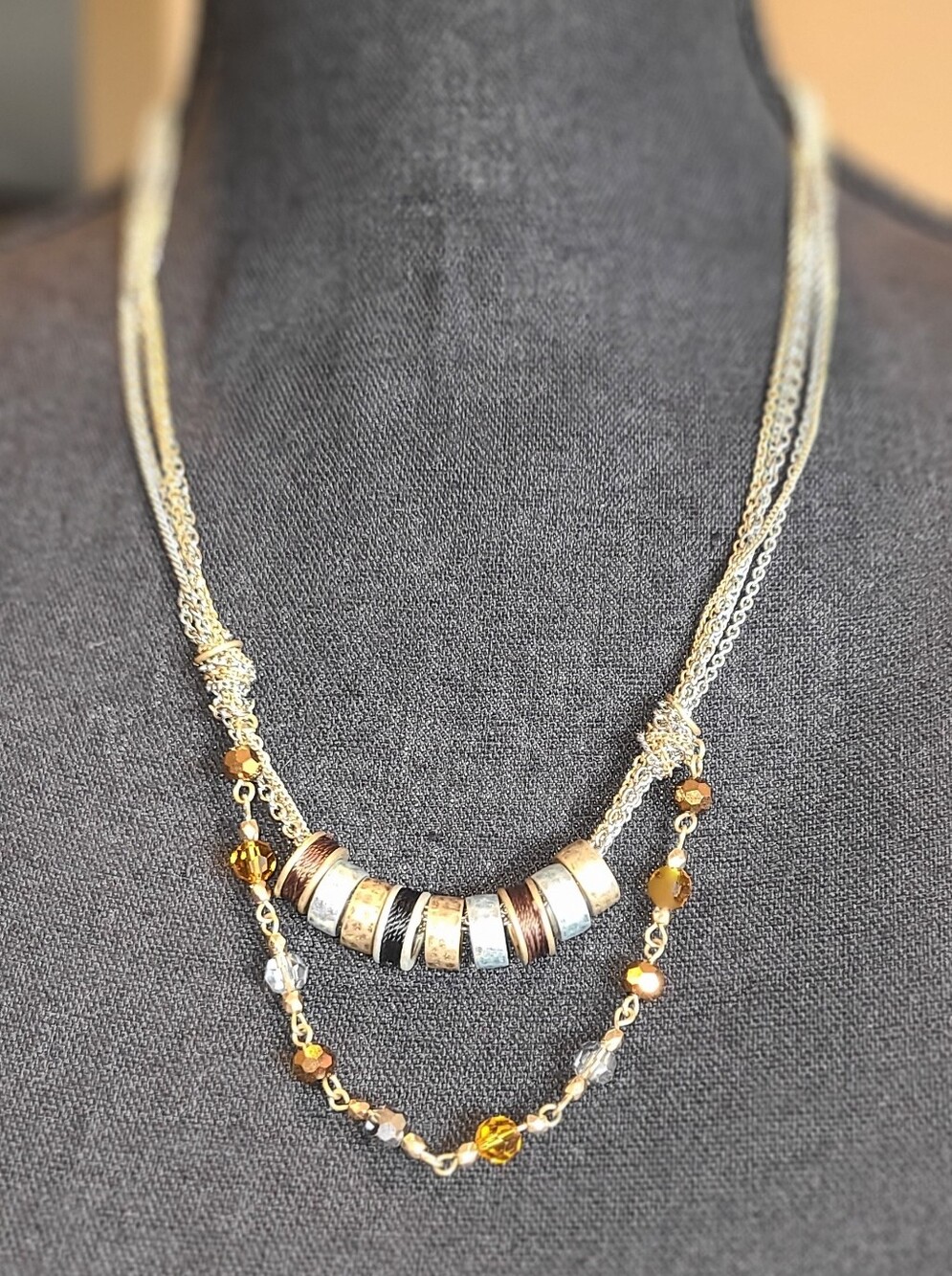 Cookie Lee Gold-Tone Layered Necklace with Amber and Silver Accents